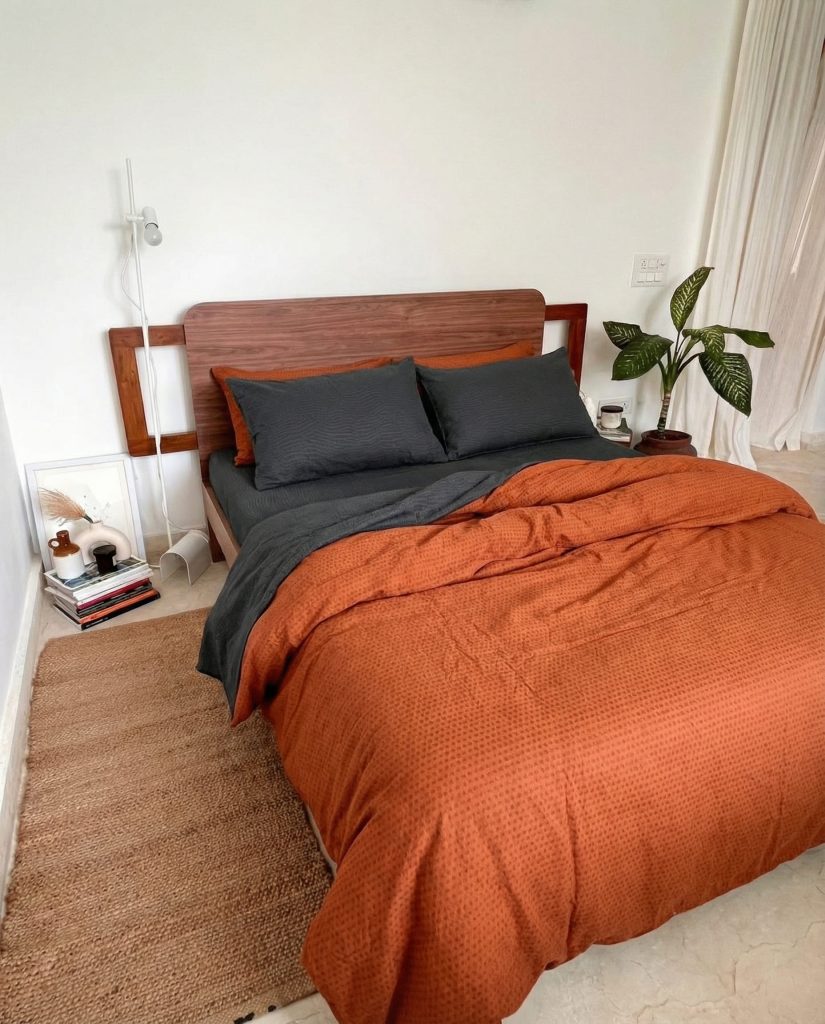 Image #1 from this rust + grey combo looks even better in real life. didn’t think it wud suit my room this much but it actually changed the whole vibe. the fitted sheet was easy to put on. would recommend.